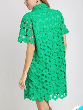 Umgee Emerald Green Floral Lace Shirt Dress | Size Large | Boho Chic